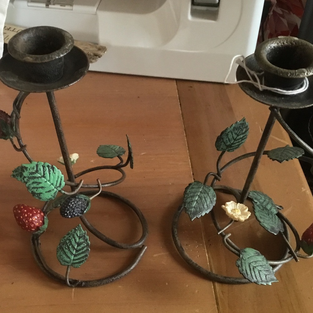2 strawberry metal candle holders